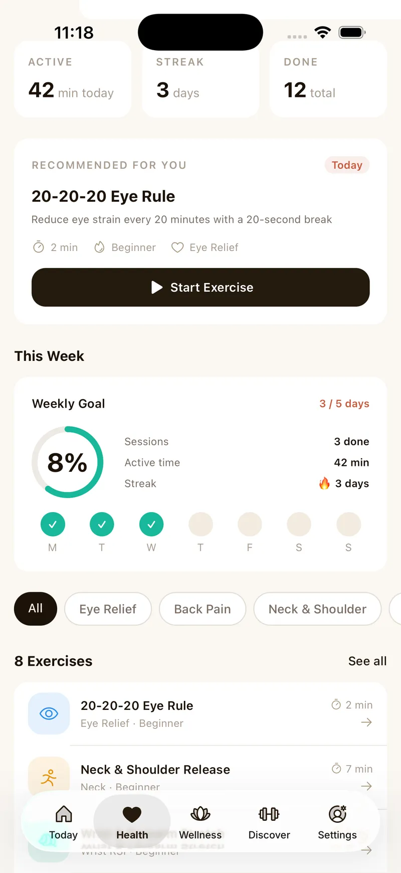DevZen Health tab showing back pain and posture tracking